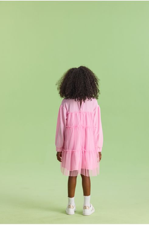 Vestido Manga Longa Com Babados Em Tule