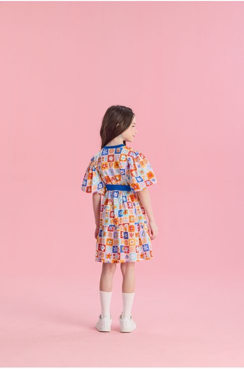 Vestido Manga Curta Em Algodão Com Manga Balone E Faixa Na Cintura