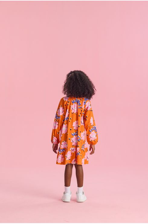 Vestido Manga Longa Estampado Em Algodão Com Recorte Raglam