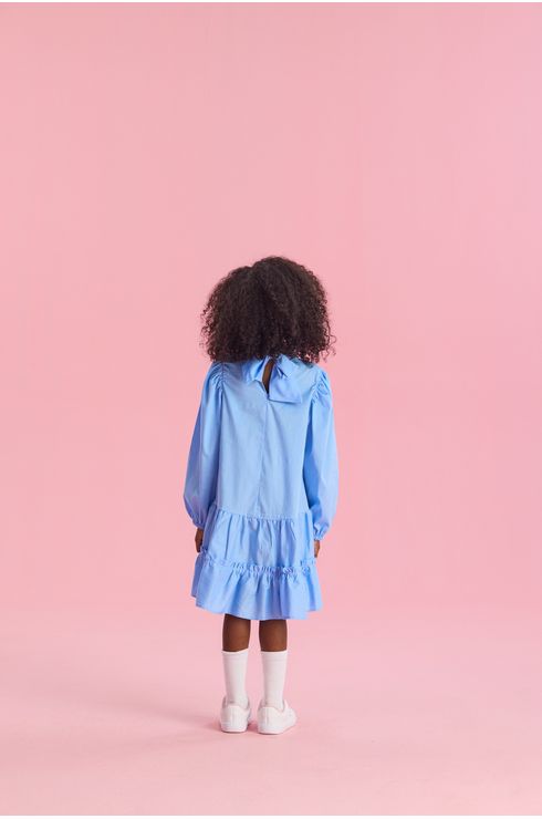 Vestido Manga Longa Em Tricoline Com Babado Aplicado E Amarração