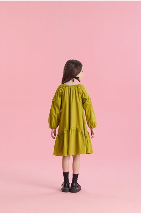 Vestido Manga Longa Em Tricoline Com Detalhes Em Babados