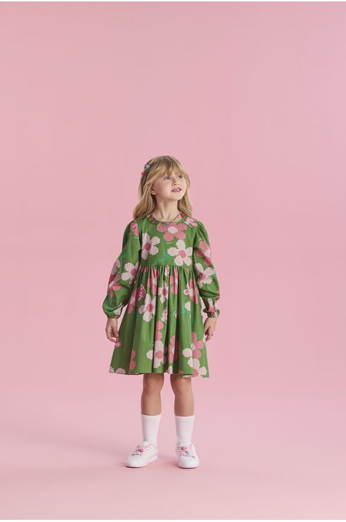 Vestido Manga Longa Em Tricoline Com Manga Ampla