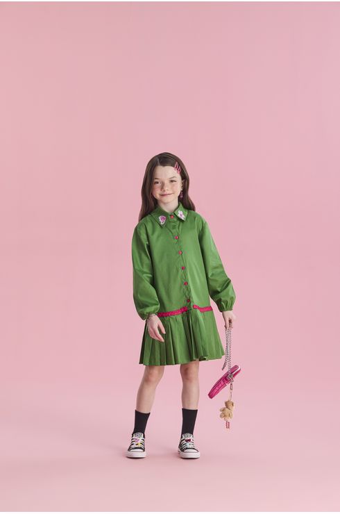 Vestido Em Tricoline Com Gola Estampada