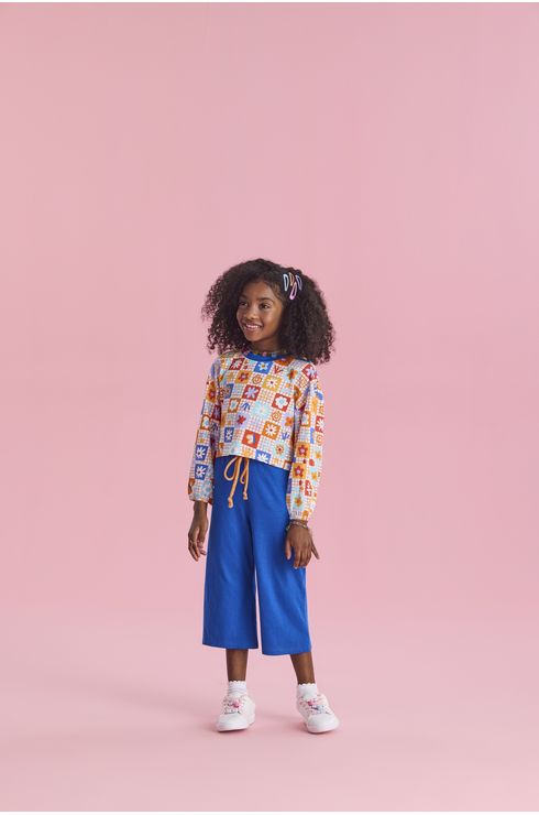 Conjunto Manga Longa Blusa E Calça Pantacourt Em Algodão