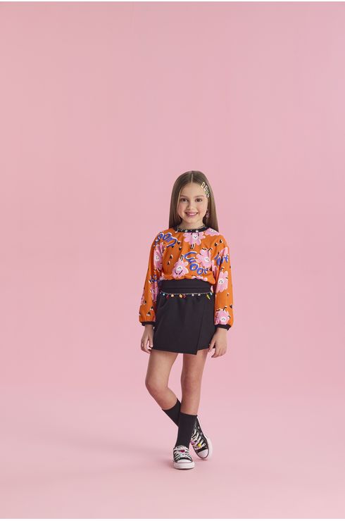 Conjunto Manga Longa Blusa E Short Saia