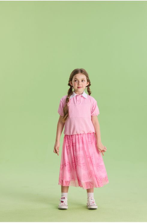 Conjunto Manga Curta Blusa E Saia Em Tule