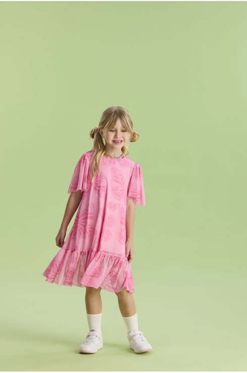 Vestido Manga Curta Estampado Em Tule Fluido