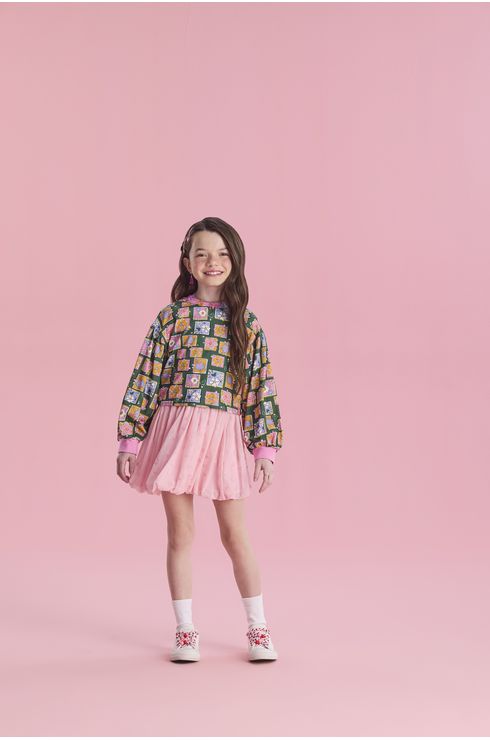 Conjunto Manga Longa Blusa E Saia Em Tule