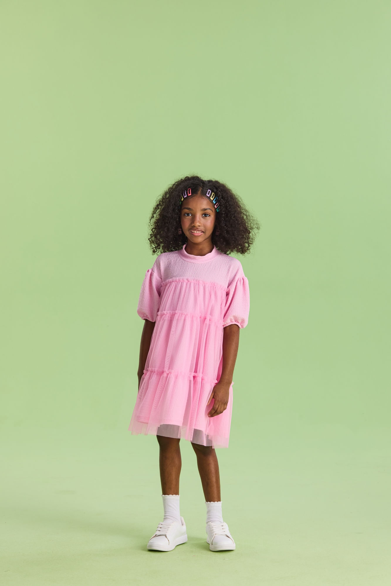 Vestido-Manga-Curta-Com-Babados-Em-Tule