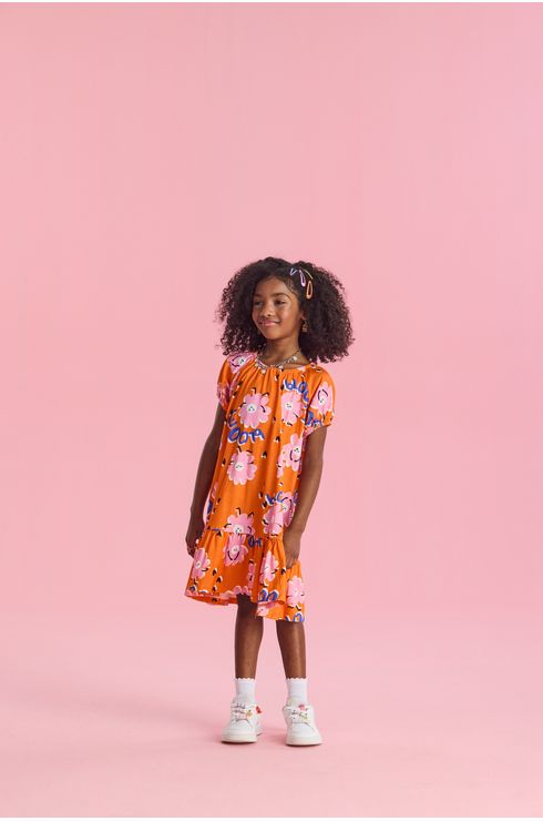 Vestido Manga Curta Estampado Em Algodão Com Recorte Raglam