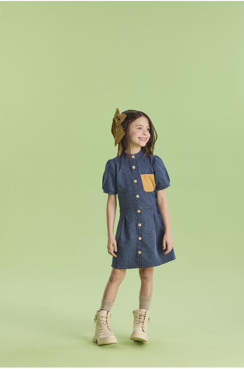 Vestido Manga Curta Em Eco Denim Com Bolsinho Em Camurça