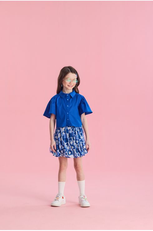 Conjunto Manga Curta Camisa E Saia Em Tule