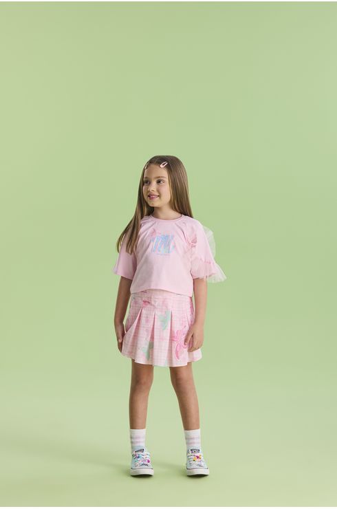 Conjunto Manga Curta Blusa E Saia Em Tricoline