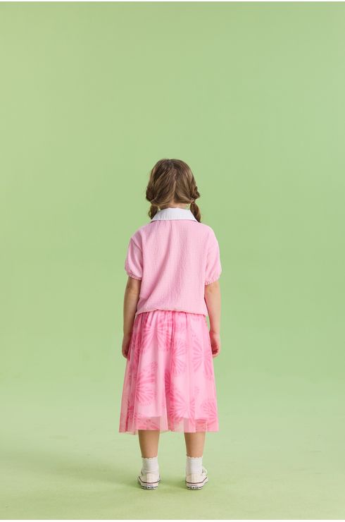 Conjunto Manga Curta Blusa E Saia Em Tule