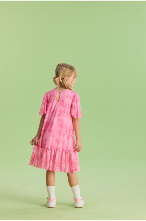 Vestido Manga Curta Estampado Em Tule Fluido