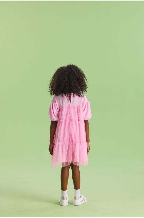 Vestido Manga Curta Com Babados Em Tule