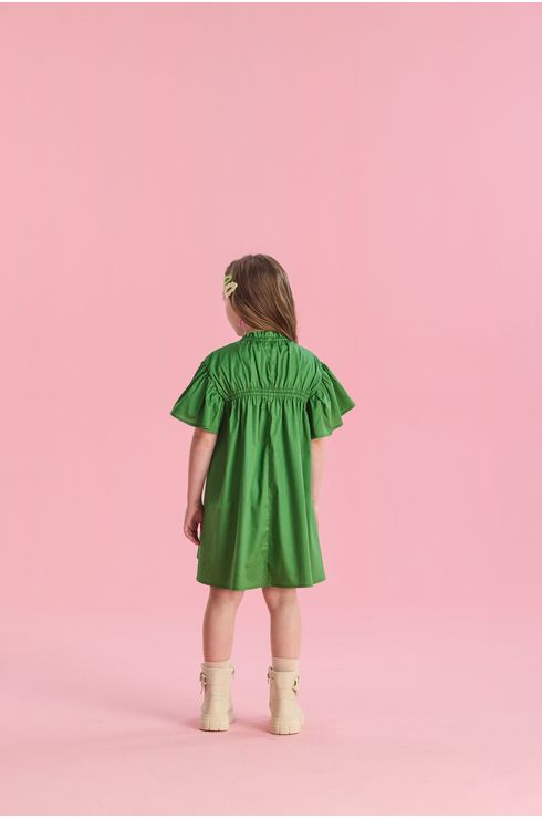 Vestido Manga Curta Em Tricoline Com Manga Gode E Gola Franzida
