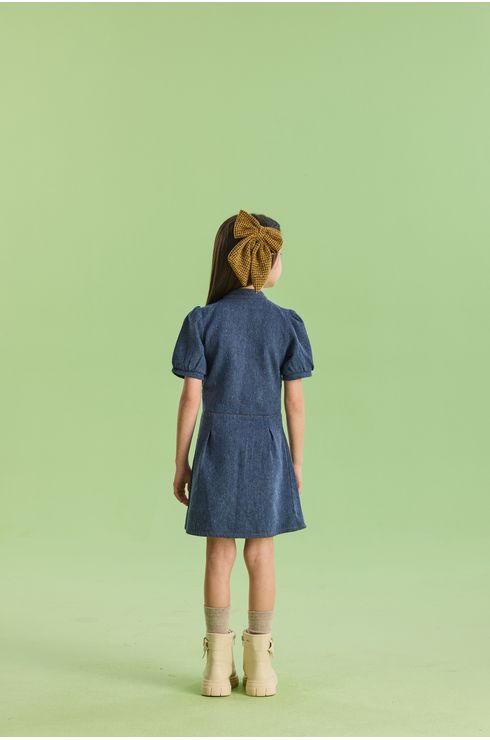 Vestido Manga Curta Em Eco Denim Com Bolsinho Em Camurça