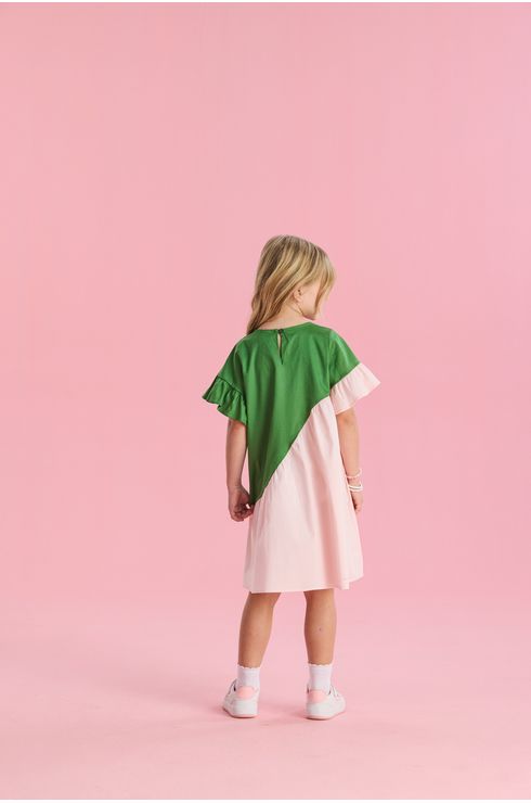 Vestido Manga Curta Em Tricoline Em Duas Cores