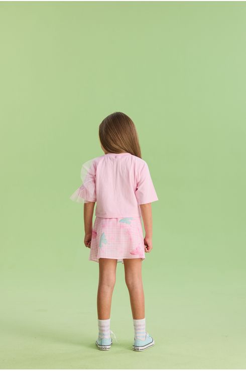 Conjunto Manga Curta Blusa E Saia Em Tricoline