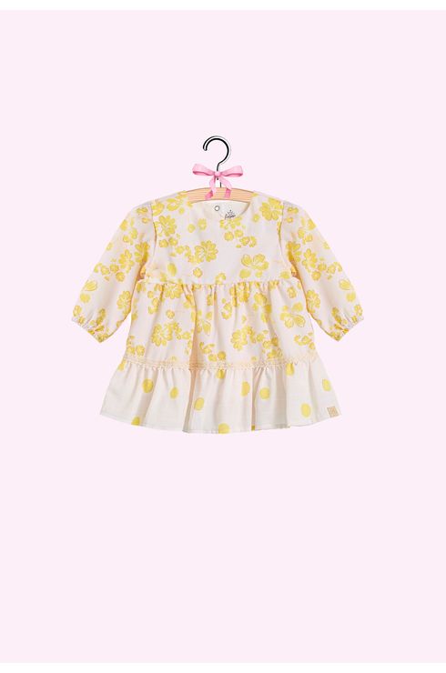 Vestido Manga Longa Estampado Estilo 3 Marias Com Renda Aplicada