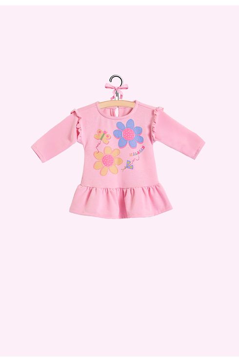 Vestido Manga Longa Em Moletinho Com Estampa Front E Babado Na Manga