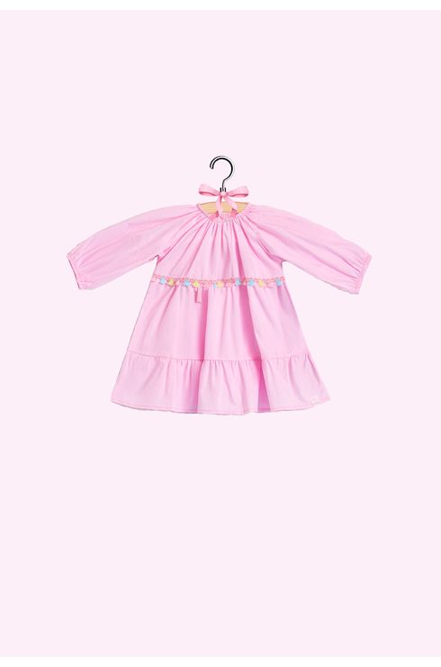 Vestido Manga Longa Em Tricoline Com Detalhe De Franjinha